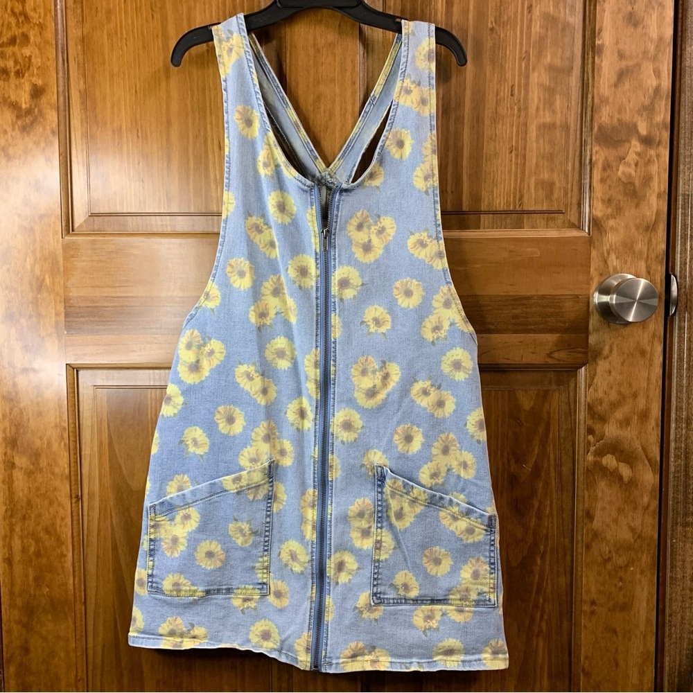 Vintage sunflower print denim jean dress with front zipper size medium - Picture 2 of 7